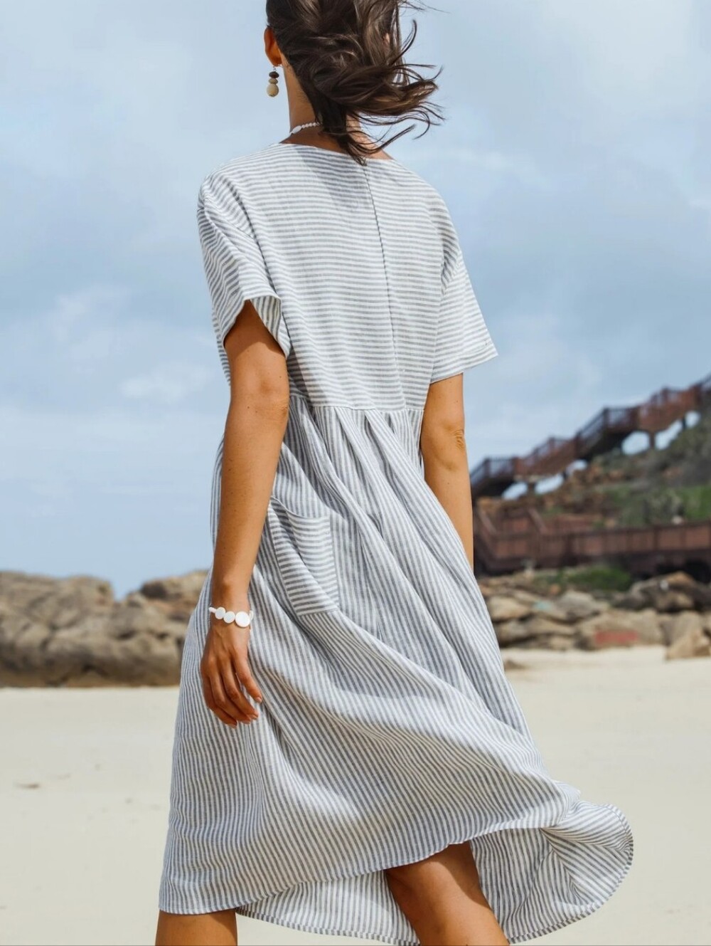 LINTICO Morgan 100% Linen Blue Stripe Midi Dress XL Relaxed A-Line Coastal - Picture 10 of 16